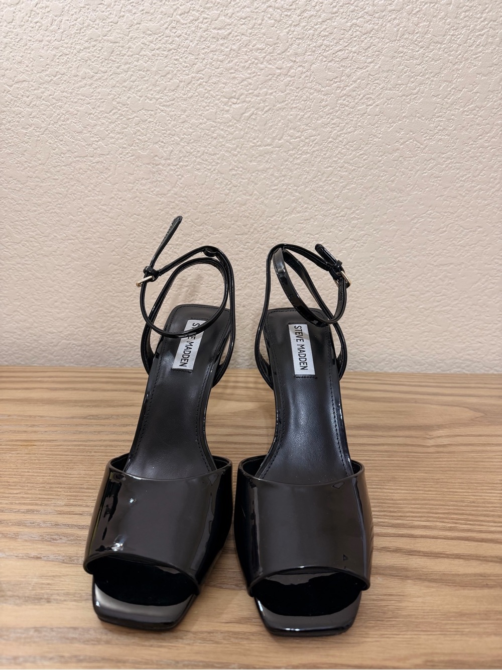 Steve Madden Black Patent Open-Toe Ankle-Strap Block Heels
